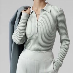 Athleta Women’s Sweet Bay Henley Ribbed Sweater Top Sage Green